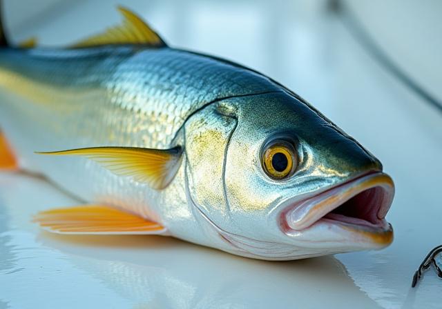 A detailed close-up shot of a stunning queenfish, vibrant in color, freshly brought aboard.